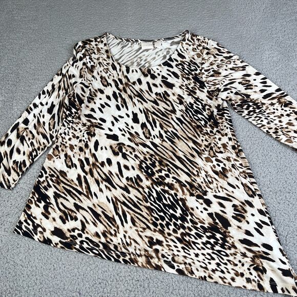 Chico's  Tunic Top Womens 1 Brown Leopard Print 3/4 sleeve Asymmetric Coastal - Picture 1 of 8